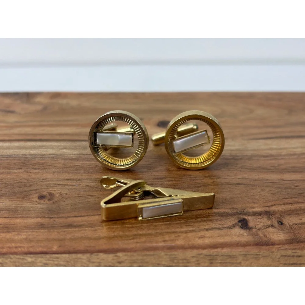 Vintage Cufflinks Tie Clip Set Gold Tone Mother of Pearl MCM Formal Ribbed Round